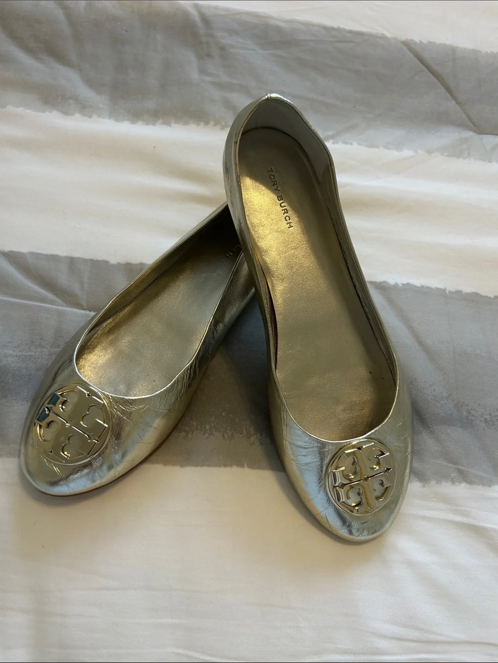 Tory Burch Metallic Silver Emelyn Logo Ballet Flats